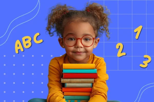 A little girl in glasses with books in her hands, created with Generative AI technology.